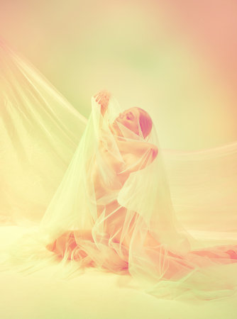 Divine woman. Silhouette of sensual tender young girl with slim body shape sitting on the floor alone covered wet, transparent fabric. Natural beauty of female body, femininity conceptの写真素材