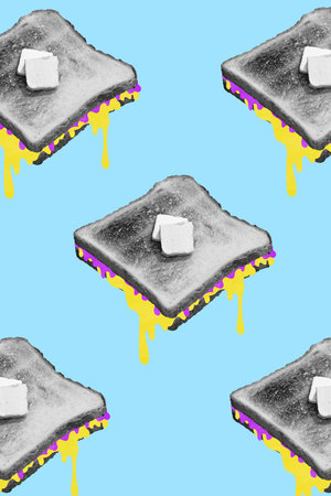 Contemporary art collage. Modern creative pattern. Monochrome sandwiches with colorful vivid souses...