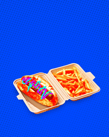 Poster. Contemporary art collage. Modern creative Artwork. Delicious hot-dog in box with mustard and...