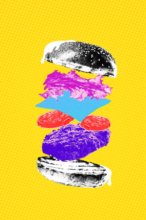 Poster. Contemporary art collage. Modern pattern. Colorful paper creatively designed cups against vivid violet background. Concept of food, drinks, diet, eating behavior. Conceptual wallpaper. ad.の写真素材