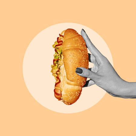 Poster. Contemporary art collage. Modern creative pattern. Monochrome hand holding hot delicious croissant with sausage and souses. Concept of food, drinks, diet, eating behavior. Copy space for ad.の写真素材