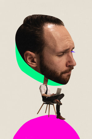 Deadlines and brainstorming. Employee, man with giant head sitting on chair and working on laptop. Contemporary art collage. Concept of business, modern office, employment, professional occupationの写真素材