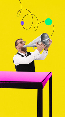 Businessman, project manager with giant megaphone. Control over projects and deadlines. Stress at...