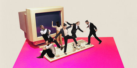 Teamwork. Group of many people employees working on tasks and projects together. Cooperation. Contemporary art collage. Concept of business, modern office, employment, professional occupationの写真素材