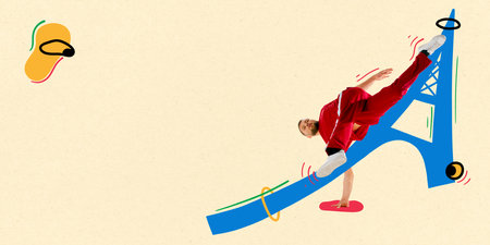 Poster . Contemporary art collage. Creative modern artwork. Young flexible sportive man dancing...