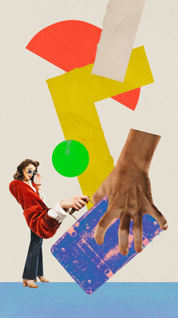 Contemporary art collage. Creative artwork with colorful elements. Confident business woman dressed officially vintage outfit get new big bag with documents. Concept of overworking, creativity. Adの写真素材