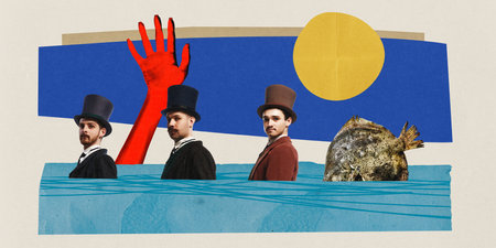 Contemporary art collage. Creative artwork with colorful elements. Business men dressed officially...