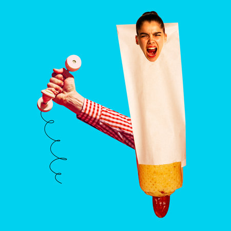 Female shouting head on hot dog with male hand holding retro phone. Street food. Contemporary art...