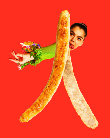 Young girl and chicken sausages against red background. Imagination and inspiration. Contemporary art collage. Concept of food, surrealism and creativity. Poster, ad. Pop art colorsの写真素材
