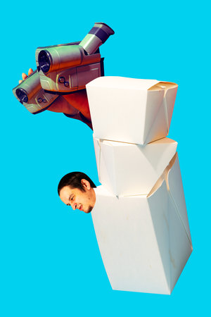 Abstract art. Man looking out food boxes over blue background. Packaging for noodles. Contemporary art collage. Concept of food, imagination, surrealism and creativity. Poster, ad. Pop art colorsの写真素材