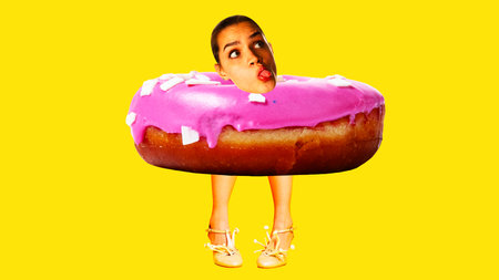 Funny female head picking out delicious pink donut over yellow background. Sweet tooth. Contemporary...
