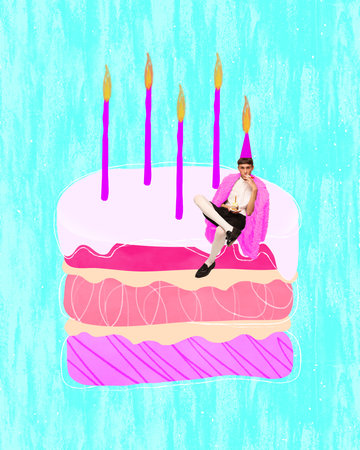 Teen boy in stylish clothes sitting on pink cake with candles celebrating his birthday. Contemporary art collage. Concept of celebration, fun and joy, party, inspiration. Poster, ad. Bright designの写真素材