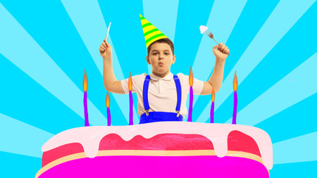 Boy, child standing with giant birthday cake with candles over blue background. Contemporary art...