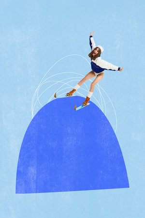 Poster. Contemporary art collage. Modern creative artwork. woman shouting of happiness and delight in swimsuit fast going down the hill on ski. Concept of happy winter holidays, joy and fun. Adの写真素材