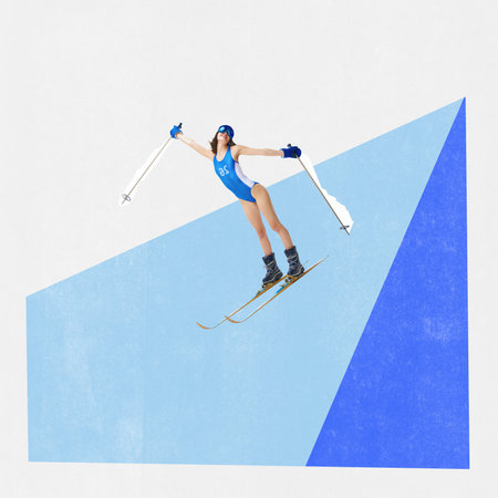 Poster. Contemporary art collage. Modern creative artwork. Delightful, relaxing woman in retro swimsuit and sunglasses going down the hill on ski. Concept of winter holidays, joy and fun activities.の写真素材