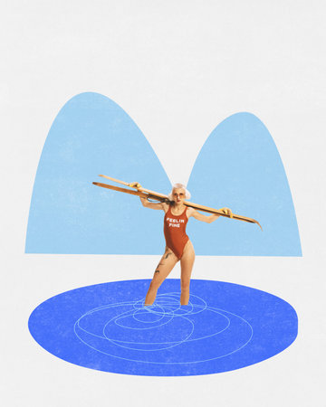 Poster. Contemporary art collage. Modern creative artwork. Girl dressed in retro swimwear holds skis and standing in still unfrozen lake. Concept of happy winter holidays, joy and fun, fashion.の写真素材