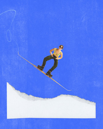 Poster. Contemporary art collage. Modern creative artwork. Cheerful girl dressed in retro swimwear going on skis over snow hills and valleys. Concept of happy winter holidays, joy and fun, fashion.の写真素材
