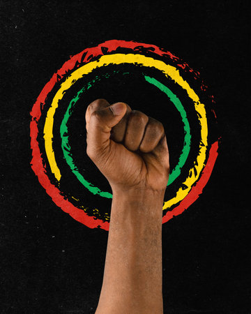Poster. Contemporary art collage. Modern creative artwork. African-American hand in fist against black background with red-yellow-green circles. Concept of black history month, civil rights, culture.の写真素材