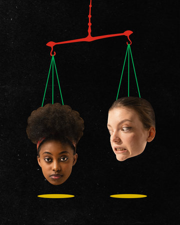 Poster. Contemporary art collage. Modern creative artwork. Scales with African-American outweighing...