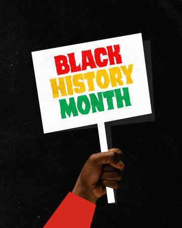 Poster. Contemporary art collage. Modern creative artwork. One African-American hand holding sign with bright inscription. Concept of black history month, civil rights, culture. Copy space, ad.の写真素材