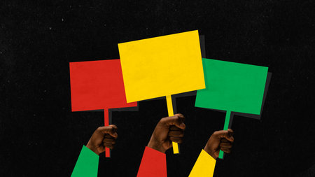 Poster. Contemporary art collage. Modern creative artwork. African-American hands with red, yellow and green signs. Concept of black history month, civil rights, culture. Copy space, ad.の写真素材