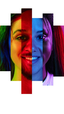 Variety. Portrait made of pieces multiracial male and female people of in multicolored neon filter,...