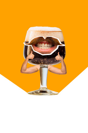 Contemporary art collage. Modern creative artwork. One funny mug of dark beer have mustache, mouth and strong arms. Concept of Oktoberfest, festival, national traditions, taste, drinks and holidays.の写真素材