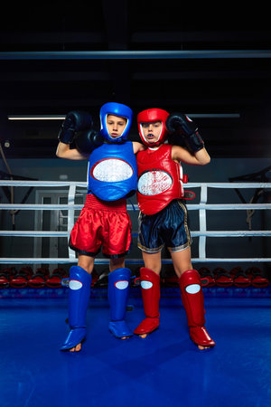 Two little sportsmen, boys, fighters in uniform and protective gloves standing, posing together on ring at sport club, gym. Concept of professional sport, lifestyle, hobby, workout, competition.の写真素材
