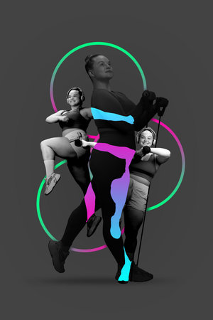 Poster. Contemporary art collage. Modern creative artwork. Chubby woman in monochrome filter training in motion. Concept of professional sport, recreation, active and healthy lifestyle, competition.の写真素材