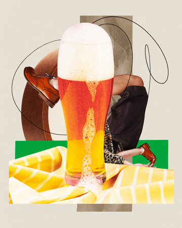 Poster. Contemporary art collage. Modern creative artwork. Male body dressed weird fashion outfit behind glass of cold lager beer. Concept of party, traditional drinks, alcohol, taste, creativity.の写真素材
