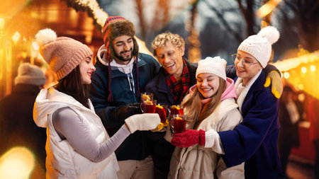 Group portrait of happy cheerful people in cozy fair atmosphere standing outdoor and clinking cup of hot warming drink. Concept of national traditions, winter holidays, fashion, festivitiesの写真素材