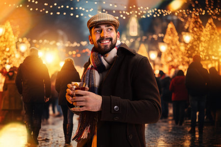 Happy man dressed fashion warm outfit in hat drinking hot warming mulled wine and enjoying cozy atmosphere outdoor in Christmas night. Concept of traditions, winter holidays, fashion, festivitiesの写真素材