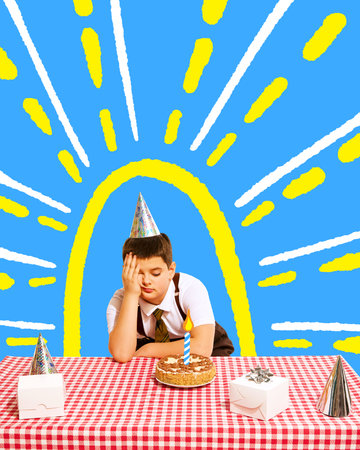 Poster. Contemporary art collage. Modern creative artwork. Little boy in a party hat behind sitting...