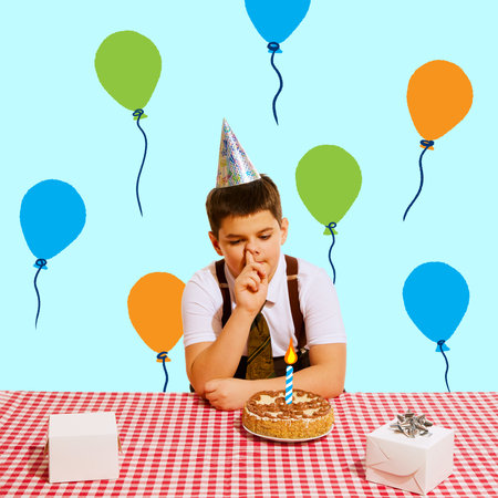 Poster. Contemporary art collage. Modern creative artwork. Little boring boy in a party hat sitting...