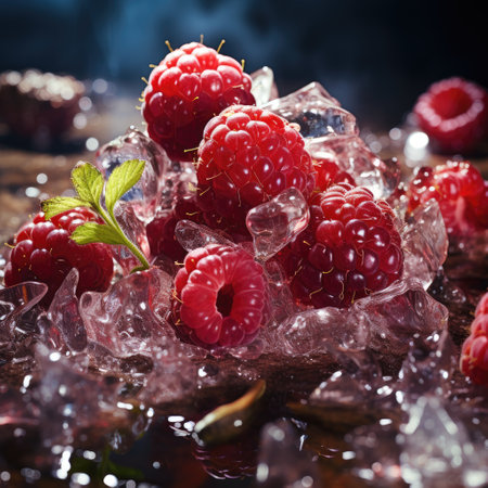 Macro. Composition of raspberries on wooden plate with ice. Concept of freshness, healthy food,...