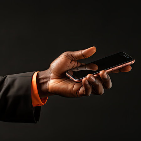 African man hand holding phone on black mode background with copy space. Man holding smartphone with blank screen. AI generated art.の写真素材