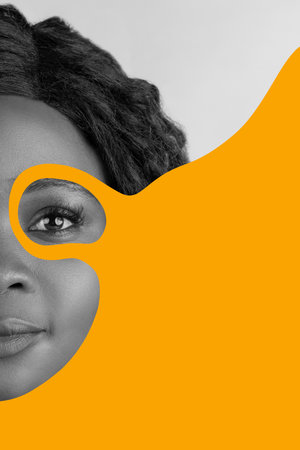 Poster. Contemporary art collage. Monochrome half-face portrait of young African-American woman with...