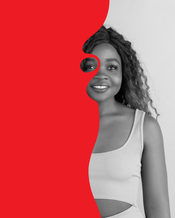 Poster. Contemporary art collage. Monochrome portrait of young African-American lady with creative red vivid painting with free space. Concept of Black History Month, civil rights, culture. Adの写真素材