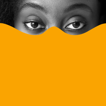 Poster. Contemporary art collage. Cropped monochrome portrait of young African-American female eyes...