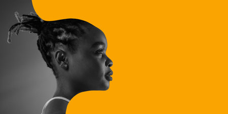 Poster. Contemporary art collage. Black-white profile portrait of young beautiful woman boldly looks to future against orange background. Concept of Black History Month, civil rights, culture. Adの写真素材