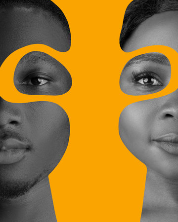 Poster. Contemporary art collage. Monochrome half-face portrait of African-African woman and man...
