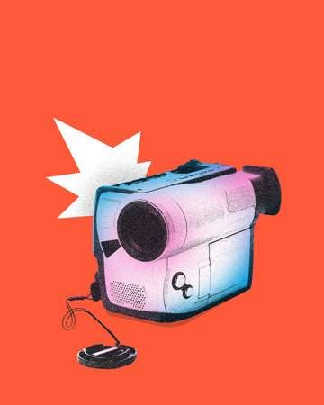 Poster. Contemporary art collage. Modern creative artwork. Vintage home video camera in mixed neon light isolated orange background. Image in old paper style. Concept of youth culture, technology.の写真素材