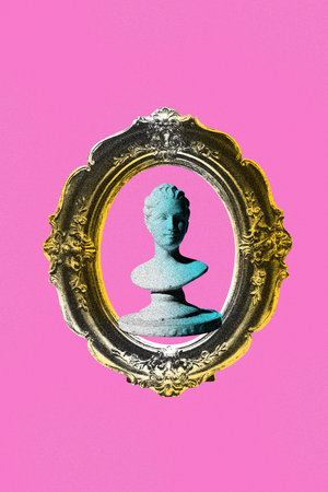 Poser. Contemporary art collage. Vintage antique statue bust in retro frame isolated pink background. Image in old paper style. Image in old paper style. Concept of youth culture, technology. Adの写真素材