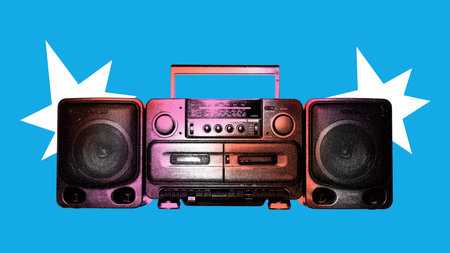 Poster. Contemporary art collage. Modern creative artwork. Vintage audio tape recorder in mixed neon...