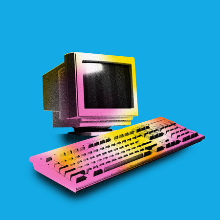 Poster. Contemporary art collage. Modern creative artwork. Vintage personal computer, PC isolated...