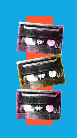Poster. Contemporary art collage. Creative artwork. Three vintage cassettes in modern old paper...