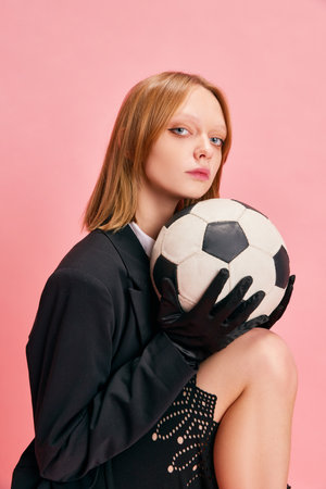 Half length portrait of young pretty woman dressed smart casual outfit in elegant gloves holding football ball isolated pastel pink background. Concept of active lifestyle, business, sport, hobby.の写真素材