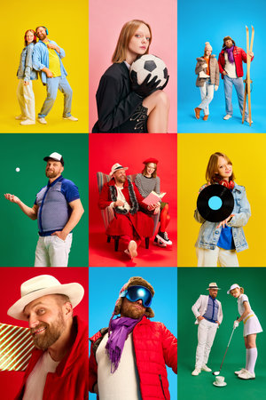 Collage made of posters with father and daughter, dad and teenager in different fashion style clothes over multicolored backgrounds. Concept of active lifestyle and happiness, parenthood, holidays, adの写真素材