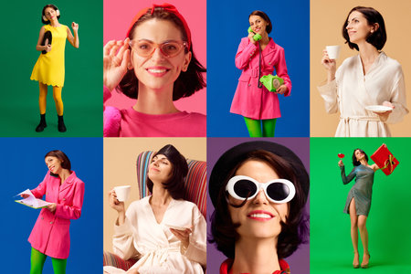 Collage made of portrait of charming young lady in different fashion style clothes over multicolored...
