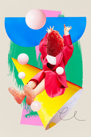 Poster. Contemporary art collage. Modern creative artwork. Little girl with berry instead of head sitting on party hat. Concept of celebration, fun and joy, party, inspiration. Bright designの写真素材